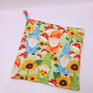 Pot Holder with Loop, Gnomes & Flowers, Cotton Hot Pad, Heat Resistant Christmas Gift, Stocking Stuffer, Gift for Co-Worker, Gifts Under 10
