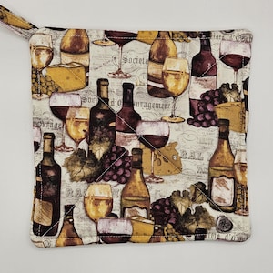 Pot Holder with Loop, Wine & Cheese, Cotton Hot Pad, Heat Resistant Christmas Gift, Stocking Stuffer, Gift for Co-Worker, Gifts Under 10
