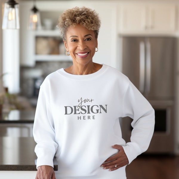 White Sweatshirt Mockup - Older Lady White Sweatshirt Mock up - Senior Grandma Stock Photography - Mawmaw - African American