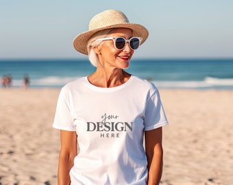 White T-Shirt Mockup - Summer T-Shirt Mockup - Beach Style Tee - Senior Model with Sunglasses - Commercial Use