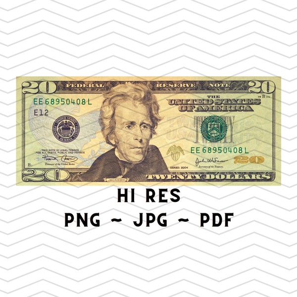 Billets de vingt (20) dollars américains haute résolution PNG, pdf & jpg fichiers numériques - Andrew Jackson président américain ! Argent financier - 3 fichiers !