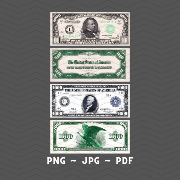 Historic One Thousand 1000 Dollar Bills PNG, JPG, PDF Images - Presidents Hamilton & Cleveland! Series 1914 - 1928 American History Money