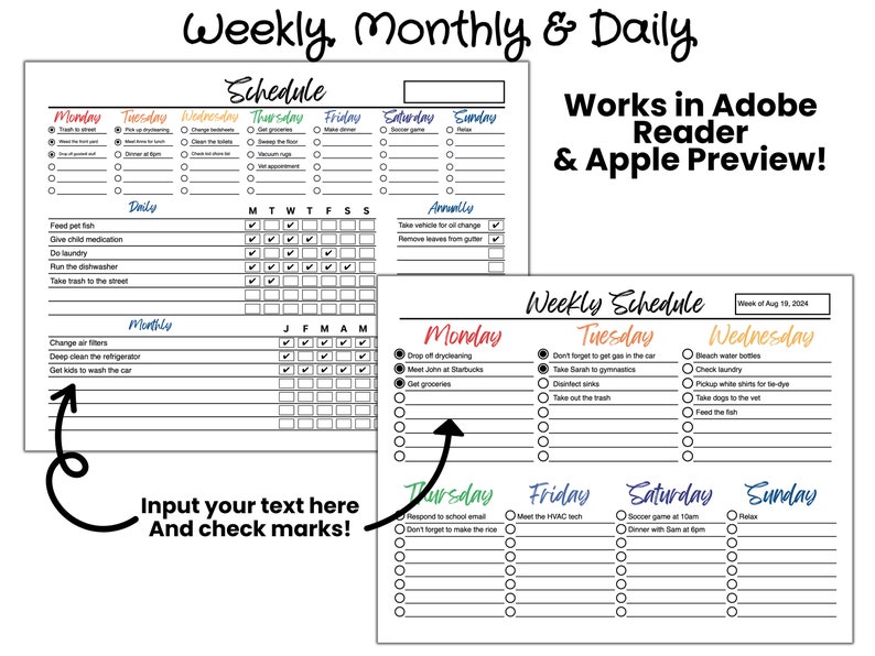 2 EDITABLE Schedules fillable Daily, Weekly, Monthly to Do List