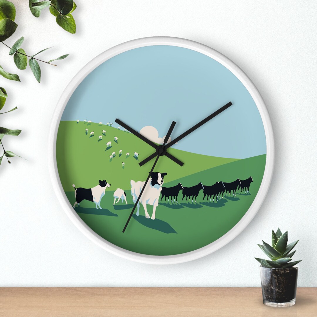Modern Farmhouse Wall Clock Green Landscape With Dogs and Etsy