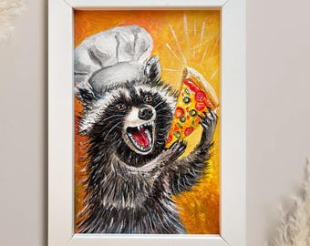Lámina artística de pizza de mapache: divertido arte mural de animales con marco blanco