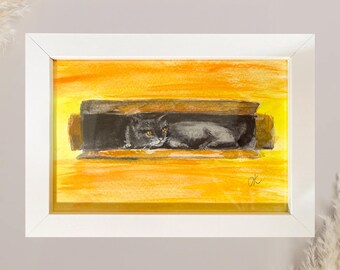Gato negro en una caja: obra de arte pintada a mano en marco blanco