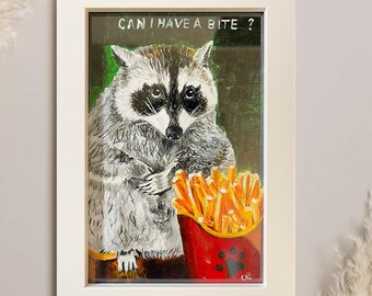 Lámina artística de un mapache divertido: "¿Puedo morder algo?" en marco blanco