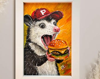 Impresión enmarcada de hamburguesa de zarigüeya: arte divertido para la pared de la cocina