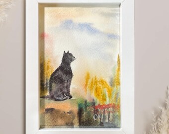 Acuarela pintada a mano: Gato negro, obra original en marco blanco