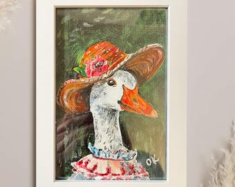 Whimsical Goose Art Print - Lady Goose Portrait in White Frame