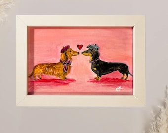 Pintura acrílica original: Perros salchicha con corazón en marco blanco