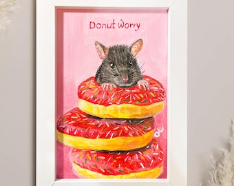 Pintura acrílica de un ratón en donas – Arte mural enmarcado "Donut Worry"