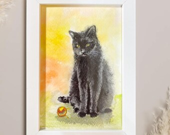 Acuarela pintada a mano: Gato negro jugando con una pelota, arte enmarcado en blanco