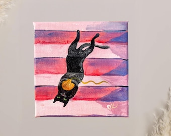 Pintura acrílica original: Gato negro jugando con hilo en las escaleras (lienzo estirado)
