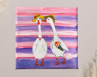 Pintura acrílica de gansos pintada a mano - Lienzo de 10 x 10 cm, arte animal original