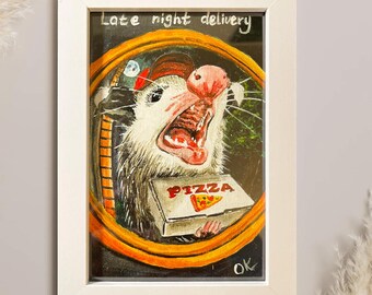 Lámina artística de zarigüeya divertida: zarigüeya repartidora de pizza en marco blanco