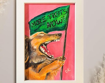 Lámina artística de un perro salchicha caprichoso: perro salchicha con bandera "Más premios ahora" en marco blanco