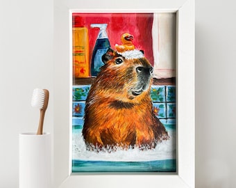 Framed Capybara Bath Print: Whimsical Animal Art