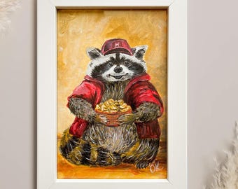 Funny Raccoon Art Print – Snack Loving Raccoon in White Frame