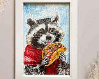 Framed Raccoon Print: Funny Animal Painting, Taco Art (4x6 inches)