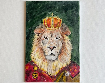Lion King Portrait: Original Acrylic Painting, 4x6 Canvas Art
