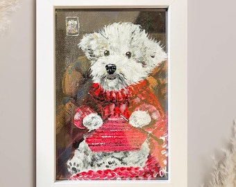 Lámina artística de perro divertido: Perro tejiendo en marco blanco