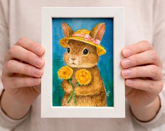 Impresión enmarcada de conejito: arte caprichoso de conejo de Pascua, firmado