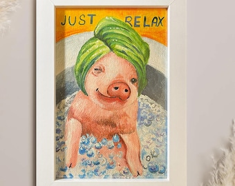 Lámina artística de un cerdo divertido: Cerdo bañándose en un marco blanco