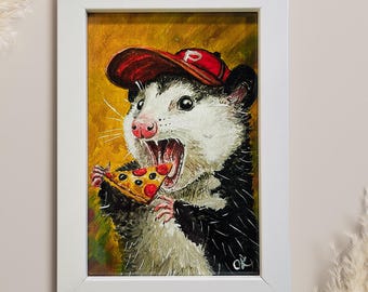 Lámina artística de zarigüeya divertida: zarigüeya amante de la pizza en marco blanco