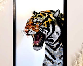 Pintura acrílica original de tigre sobre madera con detalles dorados y resina brillante OOAK