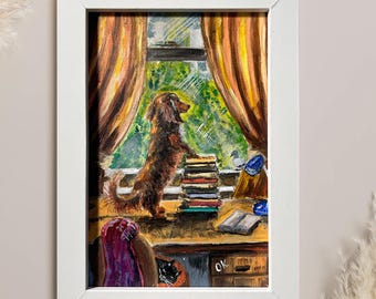 Cuadro acrílico pintado a mano: Perro salchicha esperando a su dueño.