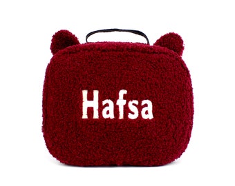 Personalized Kids Claret Red Plush Lunch Bag, Embroidered, Preschool Lunch Box Girl Boy, Teddy Bear Bag, Kindergarten