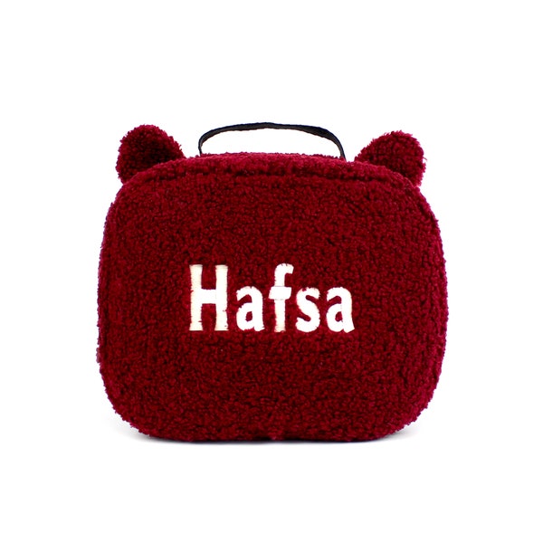 Personalized Kids Claret Red Plush Lunch Bag, Embroidered, Preschool Lunch Box Girl Boy, Teddy Bear Bag, Kindergarten