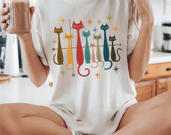 Mid Century Modern Cat PNG – Retro Colorful Kitty Clipart for Vintage Style Decor & Shirts