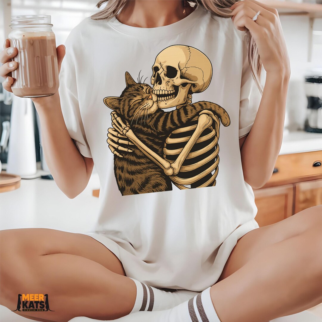 Skeleton Hugging Cat PNG, Gothic Cat Lover Shirt Design, Cute Dark ...