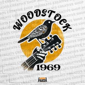 May include: A black and white graphic design featuring the word "Woodstock" in a bold font, a bird perched on a guitar, and the year "1969". The design is set against a yellow circle and a white brick background.