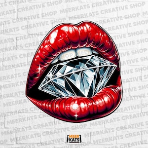 Diamond Lips PNG, Luxury Glam Digital Art, Red Lips with Diamond T-Shirt Design, Sublimation Clipart