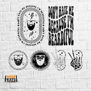 Puede incluir: Cinco diseños en blanco y negro con el texto "No me odies porque soy barbudo". Los diseños presentan a un hombre barbudo con gafas, una mano de esqueleto y una fuente estilizada.