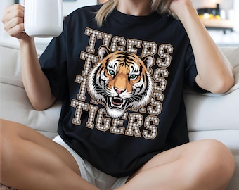 Tigers Repeated Word Art PNG – Bold Mascot Tiger Head Sublimation Design for T-Shirts & School Spirit