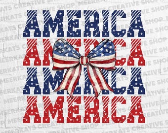 Vierter Juli PNG Design, Vaterländisches Amerika mit Kokettenbogen, Retro Sublimations-T-Shirt Grafik, Gestapelte Amerika-Sublimationsdatei