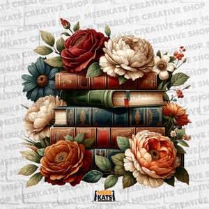 Floral Book Stack PNG Design – Vintage Book and Flowers Sublimation Art – Digital Download for Book Lovers & Readers
