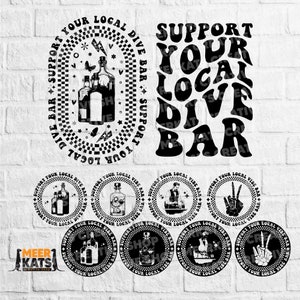 Puede incluir: Diseño gráfico en blanco y negro con el texto "Support Your Local Dive Bar" en una fuente retro. El diseño presenta un círculo con una botella de licor y otros elementos decorativos. También hay varios círculos más pequeños con diferentes diseños, que incluyen un barman, una mano con un signo de paz y una botella de licor.