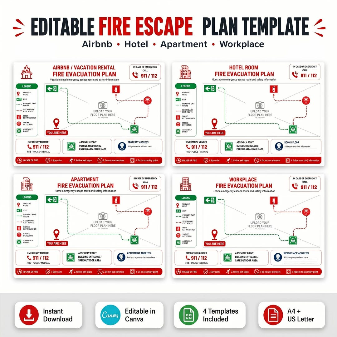 Editable Fire Escape Plan Template, Airbnb Evacuation Map (digital ...