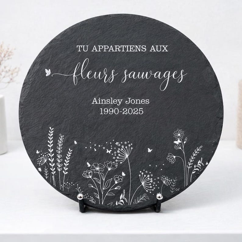 Personalized Memorial Slate Plaque Round with Stand , Custom Engraved Grave Marker ,Funeral Tribute Stone ,Sympathy Gift Keepsake 3