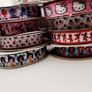 Grosgrain Ribbon Character,Easter,villians,elmo,princess,heart flgs,and more cute cartoons Size 7/8 Selling by yard