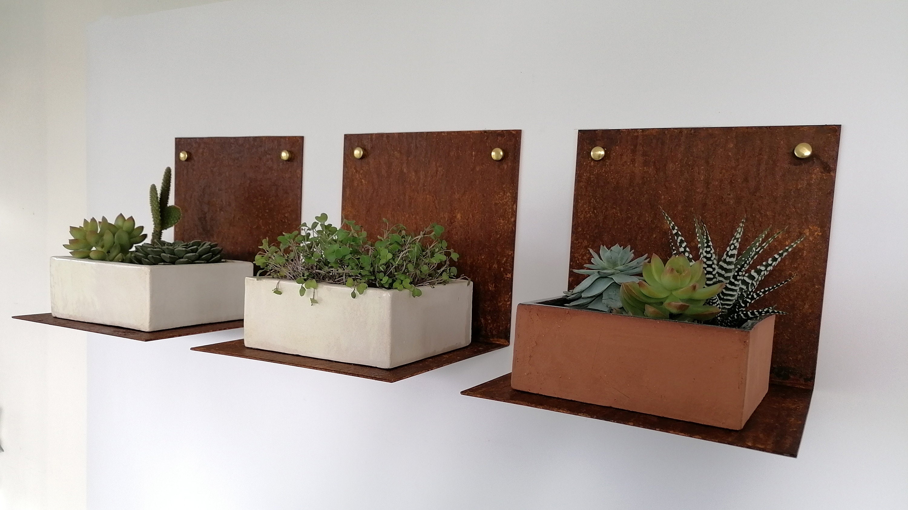 Handmade Floating Rusted Metal Shelves With Ceramic Plant Box Etsy