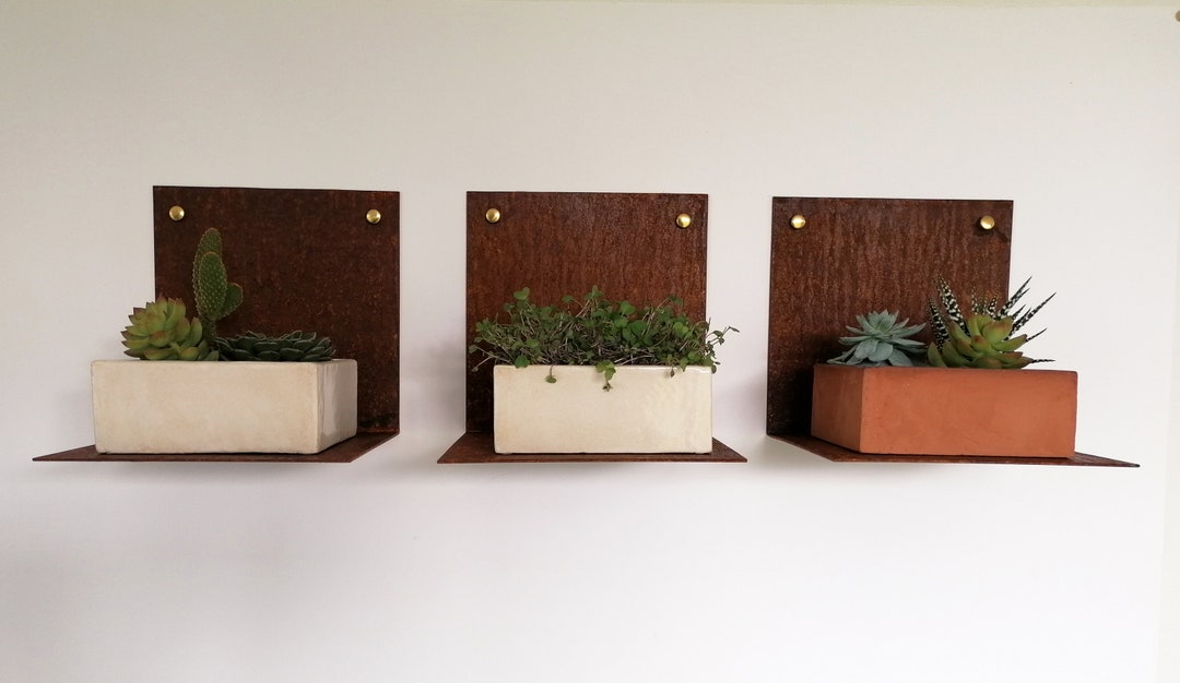Handmade Floating Rusted Metal Shelves With Ceramic Plant Box Etsy