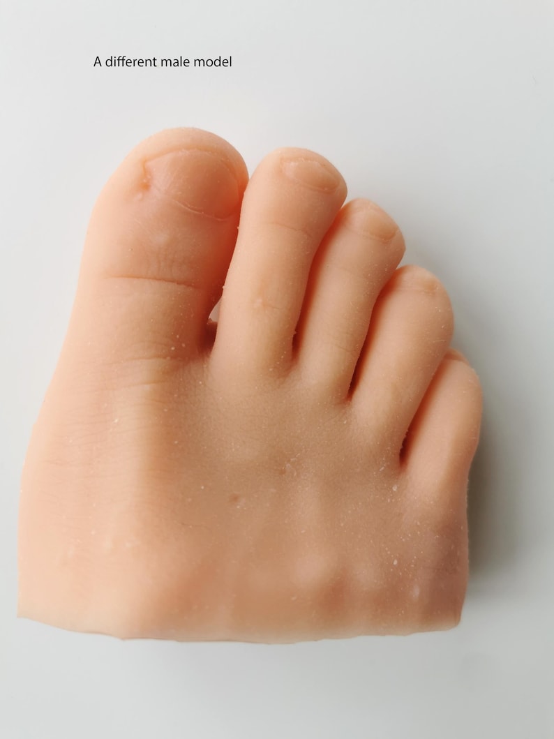 May include: A close-up of a light-colored, realistic-looking foot model. The foot is made of a smooth, soft material and has five toes.