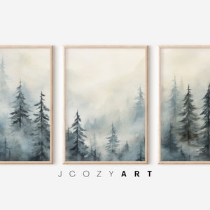 Firs Tryptic Wall Art Foggy Forest Wall Decor For Living Room Fir Trees Painting Watercolor Art Instant Download PRINTABLE 3 Piece Wall Art
