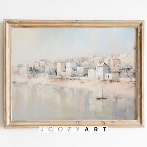 Seaside Town Muted Print, Vintage Farmhouse Wall Decor, Neutral Artwork, French Country Painting, Digital Download PRINTABLE Fine Art Prints
